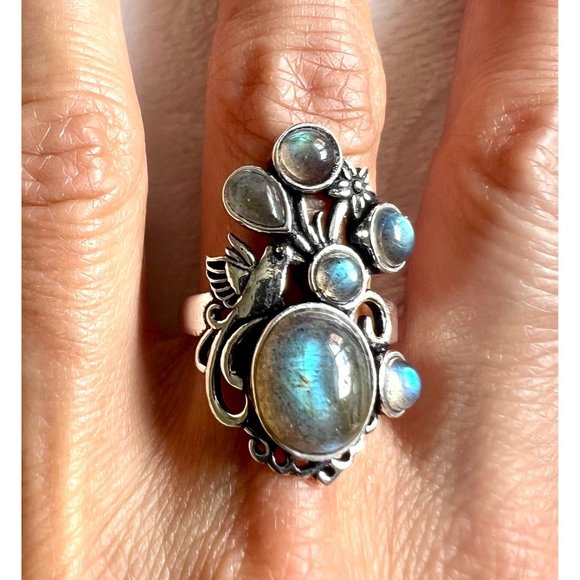Handmade Jewelry - 925 Bird + Flower Flash Labradorite Ring 6, 7, 8, 9